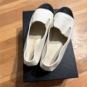 Chanel mesh moccasins, white with black toe, size 9, worn and great condition.